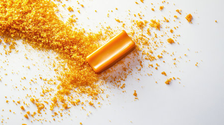 A single caramel candy surrounded by a trail of golden crumbs, artistically scattered on white.の素材