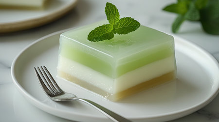 A single slice of layered coconut jelly on a white plate, with a small fork and a sprig of mint for garnishの素材