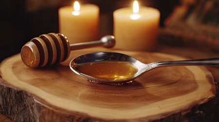 A shiny metal spoon filled with honey placed on a wooden board alongside a honey dipper and beeswax candlesの素材