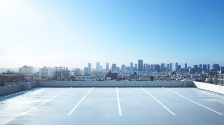 A spacious rooftop parking lot with clean white lines, surrounded by a panoramic city skyline under a clear blue skyの素材