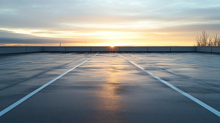 A rooftop parking lot at dawn, with the soft glow of the rising sun casting long shadows over the concrete surfaceの素材
