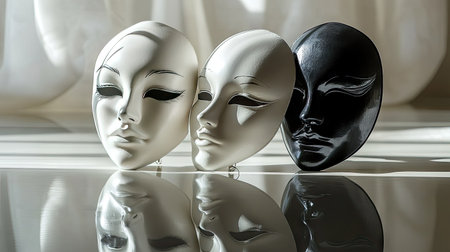 A set of white and black drama masks placed on a reflective surface with moody lighting and abstract shadowsの素材