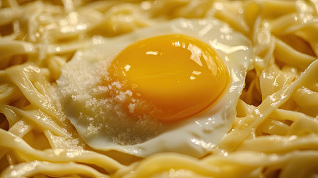 A salted egg yolk incorporated into a creamy pasta sauce, coating the noodles with its golden colorの素材