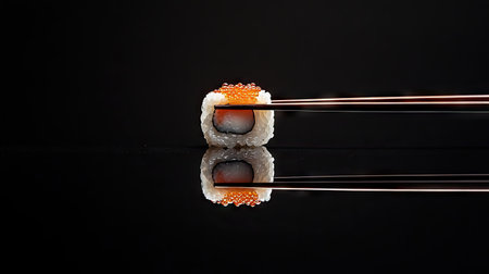 A sushi roll captured mid-bite, held by chopsticks over a glossy black dining table.の素材