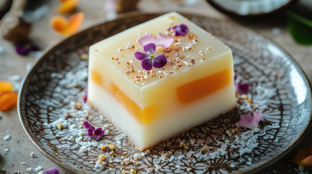 A slice of layered coconut jelly on a decorative plate, with coconut milk drizzle and a sprinkling of edible flowersの素材