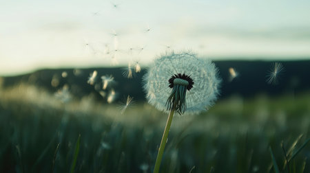 A side view of a dandelion releasing its seeds, with blurred green fields in the background.の素材