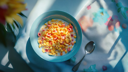 A simple breakfast table setup featuring a bowl of vibrant cereal and milk, with a napkin and spoon.の素材