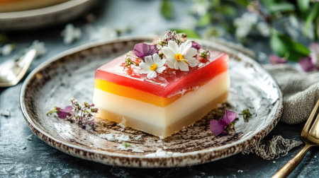 A slice of layered coconut jelly on a decorative plate, with coconut milk drizzle and a sprinkling of edible flowersの素材