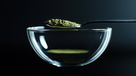 A teaspoon of matcha powder balanced over a glass cup, ready to be whisked into a frothy green tea drinkの素材