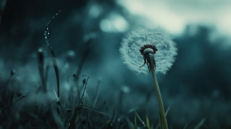 A single dandelion in focus, with its seeds dispersing into a blurred, dreamy background.の素材