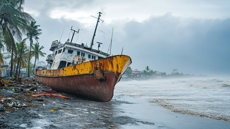 A stranded ship near the shore, pushed inland by the massive storm surge of a super typhoonの素材