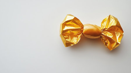 A single caramel candy in a vibrant gold wrapper, sitting on a minimalist white background.の素材