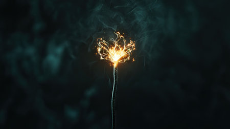 A single sparkler glowing against a black background, its light creating intricate patterns of sparksの素材