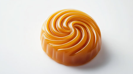 A single caramel candy with a swirl pattern, isolated on a crisp white background.の素材