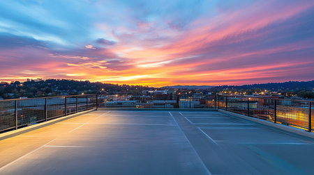 A spacious rooftop parking deck with a safety fence, offering a clear view of a vibrant urban neighborhood and a colorful evening skyの素材