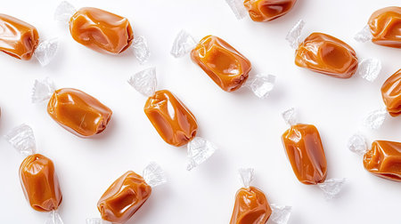 A scattering of individually wrapped caramel candies, their shiny wrappers contrasting against the white backdrop.の素材