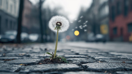 A single dandelion growing in a crack of pavement, with seeds blowing into a bustling urban backdrop.の素材