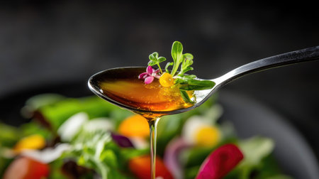 A silver spoon of honey held above a vibrant salad, highlighting a drizzle of honey dressingの素材