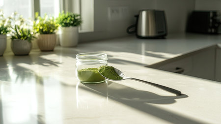 A stainless steel spoon scooping vibrant matcha powder from a glass jar, placed on a bright and clean kitchen countertopの素材