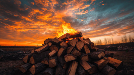 A pile of firewood burning fiercely under a vibrant orange sky at sunset.の素材