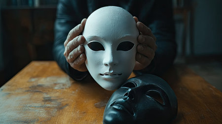 A person holding a white mask in front of their face, while a black mask lies on a table in the foregroundの素材