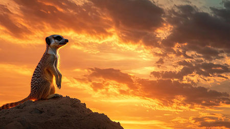 A meerkat on watch, standing upright on a termite mound as the wind ruffles its fur, under a vibrant skyの素材
