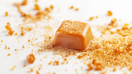 A single caramel candy surrounded by a trail of golden crumbs, artistically scattered on white.の素材