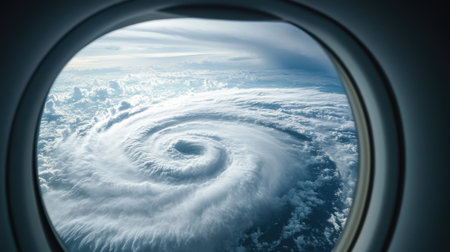 A super typhoon viewed from an aircraft window, showing the stunning yet terrifying spiral of clouds and windの素材