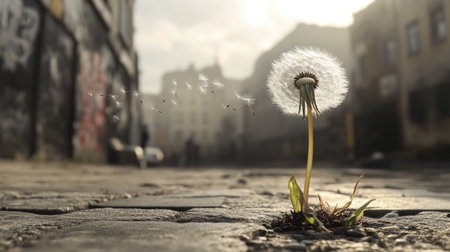 A single dandelion growing in a crack of pavement, with seeds blowing into a bustling urban backdrop.の素材