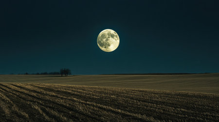 A tranquil full moon glowing softly above an empty field, with the dark sky adding to the stillnessの素材