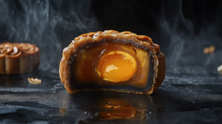 A salted egg yolk nestled inside a mooncake, cut open to reveal its intricate layersの素材