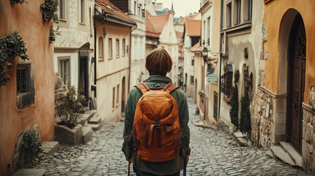 A traveler with a backpack standing in the middle of an ancient cobblestone street, framed by historic buildings.の素材