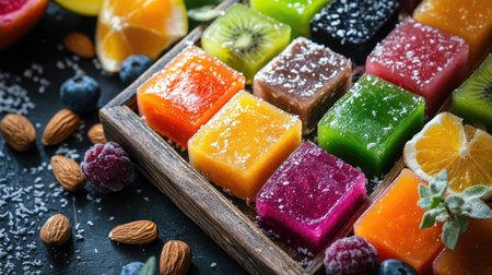 A tray of homemade coconut jelly squares with different natural colors, surrounded by fresh fruit slices and nutsの素材