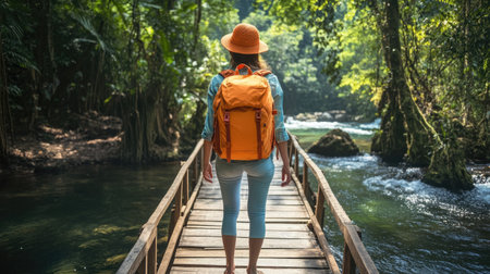 A traveler with a bright-colored backpack standing on a wooden bridge over a serene river in a tropical jungle.の素材
