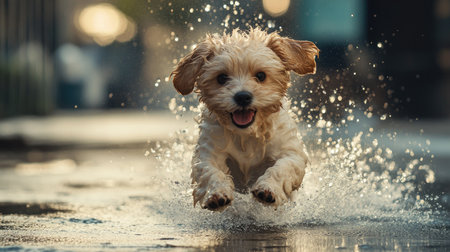A wet puppy running toward the camera from a water-filled play area, leaving a trail of splashes behindの素材