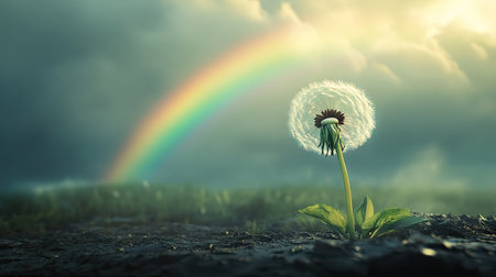A whimsical shot of a dandelion releasing seeds, with a rainbow arching in the distant sky.の素材