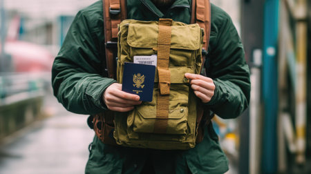 A traveler holding a passport and tickets in one hand, standing in front of an airport gate displayの素材