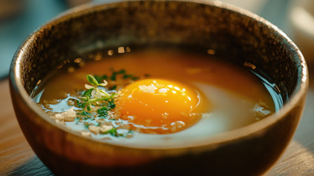 A vibrant salted egg yolk floating in a clear soup, adding a pop of color to the dishの素材