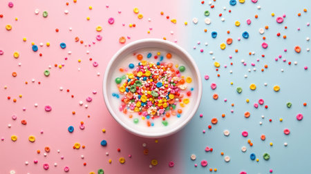 A whimsical shot of a bowl of colorful cereal with milk, surrounded by sprinkles for a festive feel.の素材