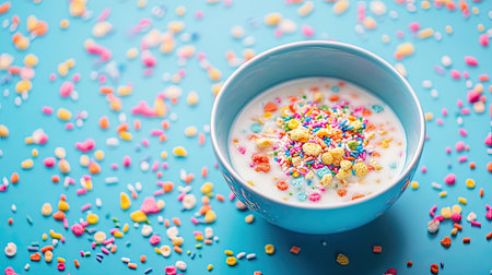 A whimsical shot of a bowl of colorful cereal with milk, surrounded by sprinkles for a festive feel.の素材