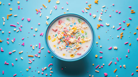 A whimsical shot of a bowl of colorful cereal with milk, surrounded by sprinkles for a festive feel.の素材