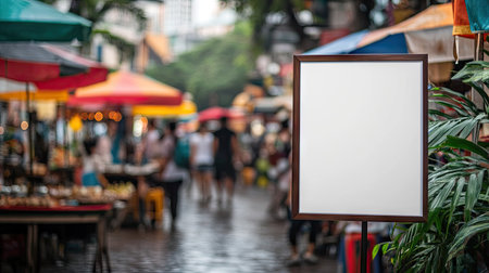 A white mockup signboard placed on a bustling street market with vibrant umbrellas, food stalls, and blurred shoppersの素材