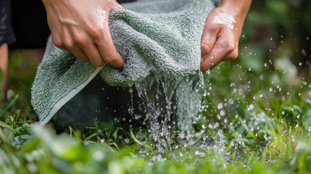 Hands wringing a soaked towel outdoors, with water splashing onto green grass belowの素材