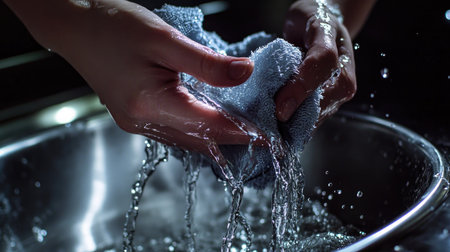 Close-up of fingers gripping and wringing a fabric tightly, with water dripping into a shiny metal basinの素材