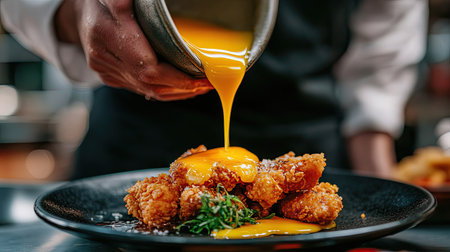 Golden salted egg yolk sauce being poured over a fried chicken dish, creating a rich and indulgent lookの素材
