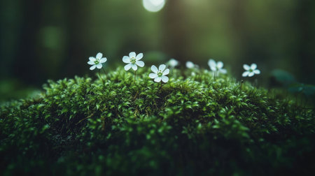 Close-up of moss with tiny flowers blooming amidst its dense green surface, set against the dark earth of a forest floorの素材