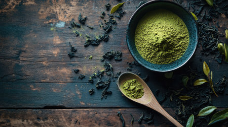 A wooden spoon filled with vibrant green matcha powder resting on a ceramic bowl, surrounded by scattered tea leaves on a rustic wooden surfaceの素材