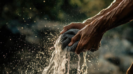 Hands twisting a wet rag with visible force, water gushing out against a blurred outdoor settingの素材