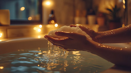 Hands wringing a dripping wet fabric over a bathtub, with soft lighting creating a cozy atmosphereの素材