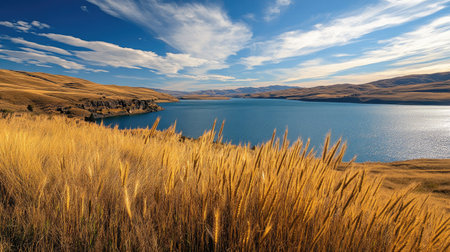A wide-angle view of golden wheat stalks swaying in the wind, with a sparkling lake visible in the distanceの素材